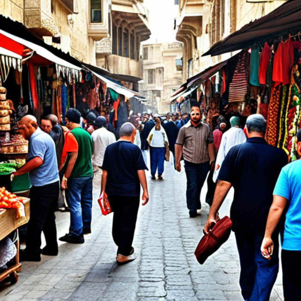 **Image Prompt:** A bustling Lebanese marketplace scene, slightly chaotic but vibrant. Focus on a tourist cautiously holding a zippered bag close, being mindful of their surroundings. Include details like colorful stalls, diverse crowds, and perhaps a hint of a nearby political poster.