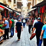 **Image Prompt:** A bustling Lebanese marketplace scene, slightly chaotic but vibrant. Focus on a tourist cautiously holding a zippered bag close, being mindful of their surroundings. Include details like colorful stalls, diverse crowds, and perhaps a hint of a nearby political poster.