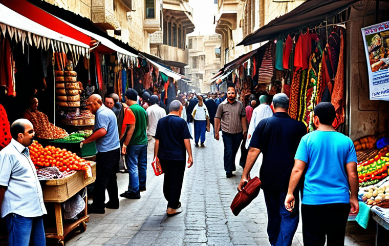 **Image Prompt:** A bustling Lebanese marketplace scene, slightly chaotic but vibrant. Focus on a tourist cautiously holding a zippered bag close, being mindful of their surroundings. Include details like colorful stalls, diverse crowds, and perhaps a hint of a nearby political poster.