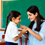 A kind female volunteer, fully clothed in modest, comfortable attire, is gently guiding a small group of cheerful Lebanese children through an educational activity in a bright, clean community classroom. The room is simple but well-lit, with children's drawings on the walls and educational materials neatly organized. Traditional Lebanese patterns subtly adorn some elements. A warm, inviting atmosphere reflecting community and learning, professional photography, soft natural light, vibrant colors, shallow depth of field, safe for work, appropriate content, fully clothed, family-friendly, perfect anatomy, correct proportions, natural pose, well-formed hands, proper finger count, natural body proportions, professional dress, high quality.
