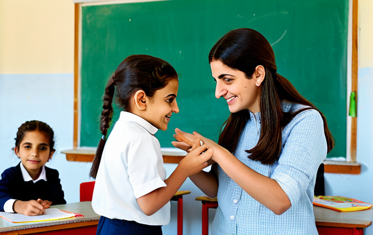 A kind female volunteer, fully clothed in modest, comfortable attire, is gently guiding a small group of cheerful Lebanese children through an educational activity in a bright, clean community classroom. The room is simple but well-lit, with children's drawings on the walls and educational materials neatly organized. Traditional Lebanese patterns subtly adorn some elements. A warm, inviting atmosphere reflecting community and learning, professional photography, soft natural light, vibrant colors, shallow depth of field, safe for work, appropriate content, fully clothed, family-friendly, perfect anatomy, correct proportions, natural pose, well-formed hands, proper finger count, natural body proportions, professional dress, high quality.